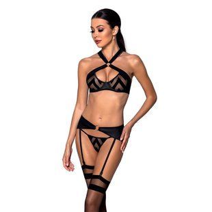 Сетчатый набор с узором, бюстгальтер, трусики, пояс для чулок Passion HIMA SET L/XL black SO5352 фото