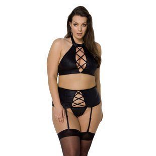 Комплект из экокожи Passion NANCY SET 4XL/5XL black, имитация шнуровки, топ, пояс для чулок SO7106 фото