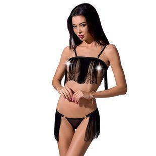 Комплект белья Passion Exclusive KASSANDRA SET OpenBra S/M, black, лиф из бахромы, трусики-юбка PS26302 фото