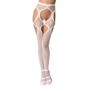Еротичні колготки-бодістокінги Passion S023 One Size, White, імітація панчіх з ромбами та пояском PSS023W фото