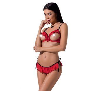Комплект білизни Passion Exclusive CHERRY SET OpenBra XXL/XXXL red, відкритий ліф, трусики-спідничка PS25509 фото